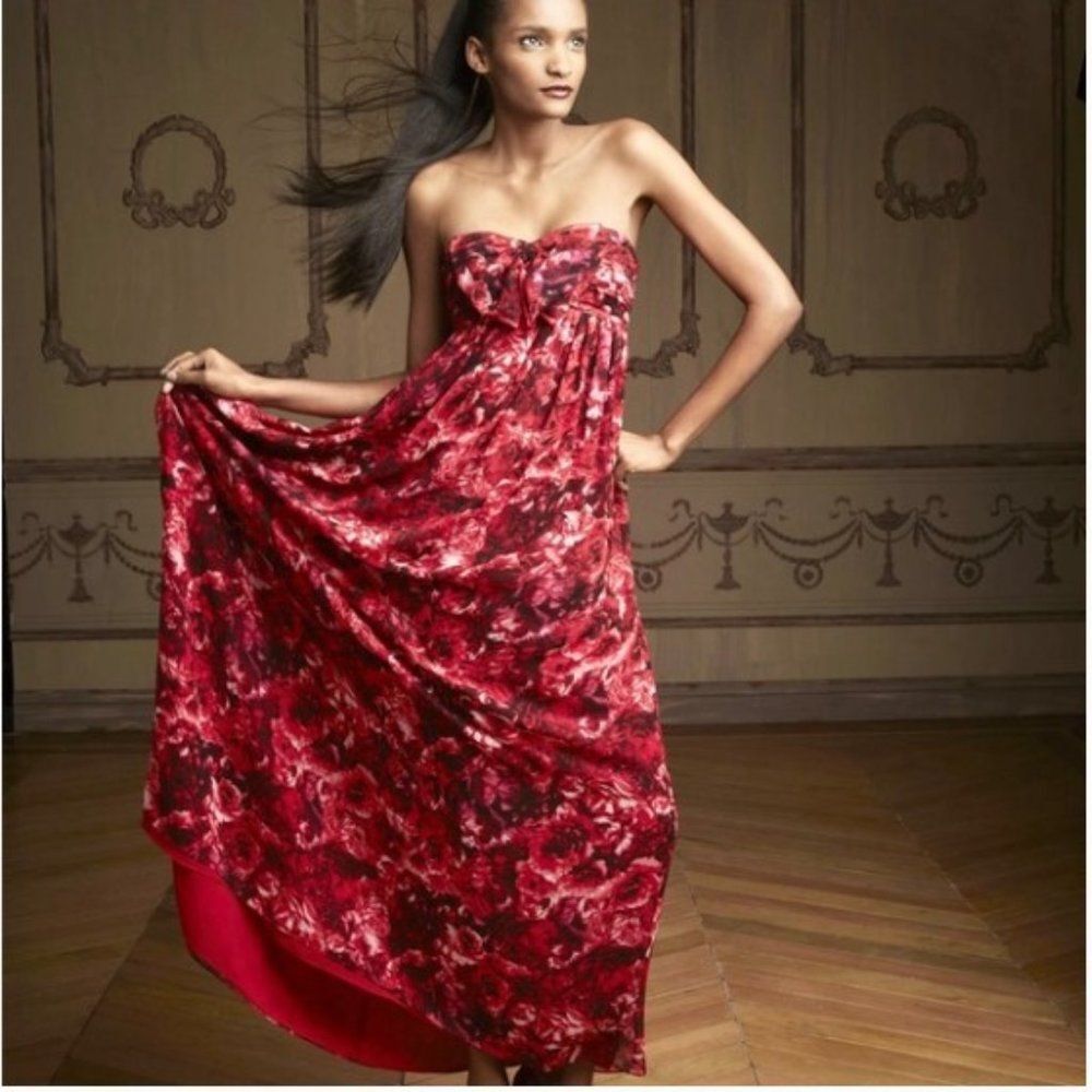 Giambattista Valli Maxi Dress Red Floral Chiffon Strapless Gown Size 4